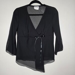 Vintage Y2k Womens XL Black Babydoll Top Asymmetric Hem Byerwear Front Bow